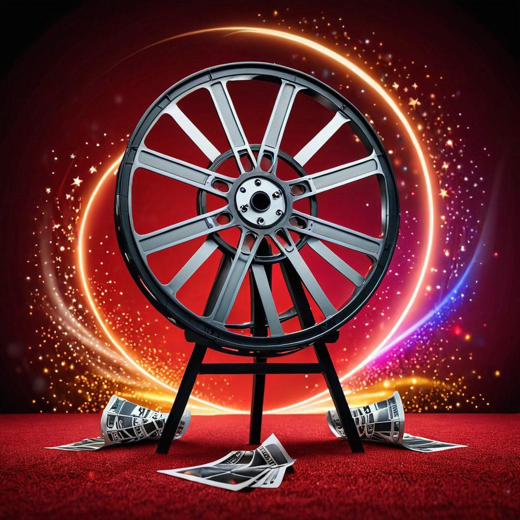 A film reel unraveling with vibrant scenes from classic and contemporary movies flowing out, intertwined with symbols of cinema like a director's chair, clapperboard, and film strips. Include a backdrop of a film festival atmosphere with twinkling lights and a red carpet. The essence of storytelling captured through dynamic colors and engaging compositions. super-realistic. vibrant colors. cinematic style.