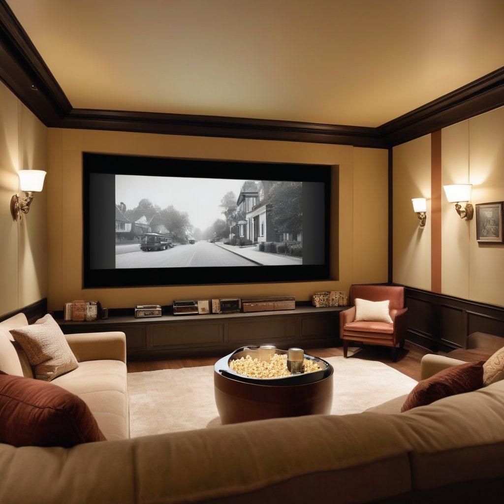 A cozy home theater setting with a vintage projector casting a classic film onto a large screen. Soft, ambient lighting and plush seating invite viewers to enjoy the movie experience. Surround the scene with film reels, popcorn, and insightful reviews displayed on stylish paper. Include a decorative film strip wrapping around the room. warm tones. super-realistic.