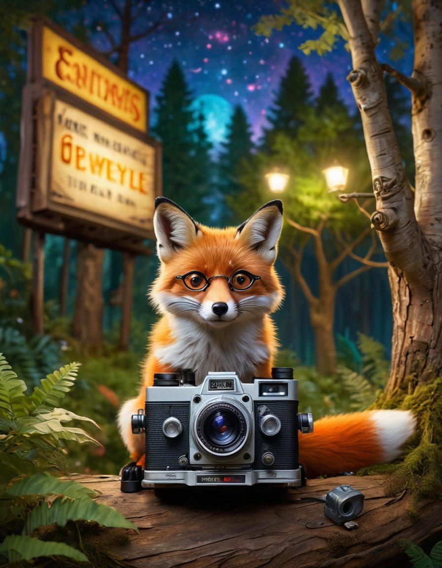 A whimsical film camera peeking out from behind an enchanted forest, surrounded by vibrant indie movie posters and blockbuster film reels scattered across the ground. Illuminated movie lights cast a magical glow on a small film crew setting up a scene. The background features a fantastical skyline symbolizing classic and modern cinema. A curious fox wearing glasses watches intently from a tree branch. digital painting. vibrant colors. whimsical style.
